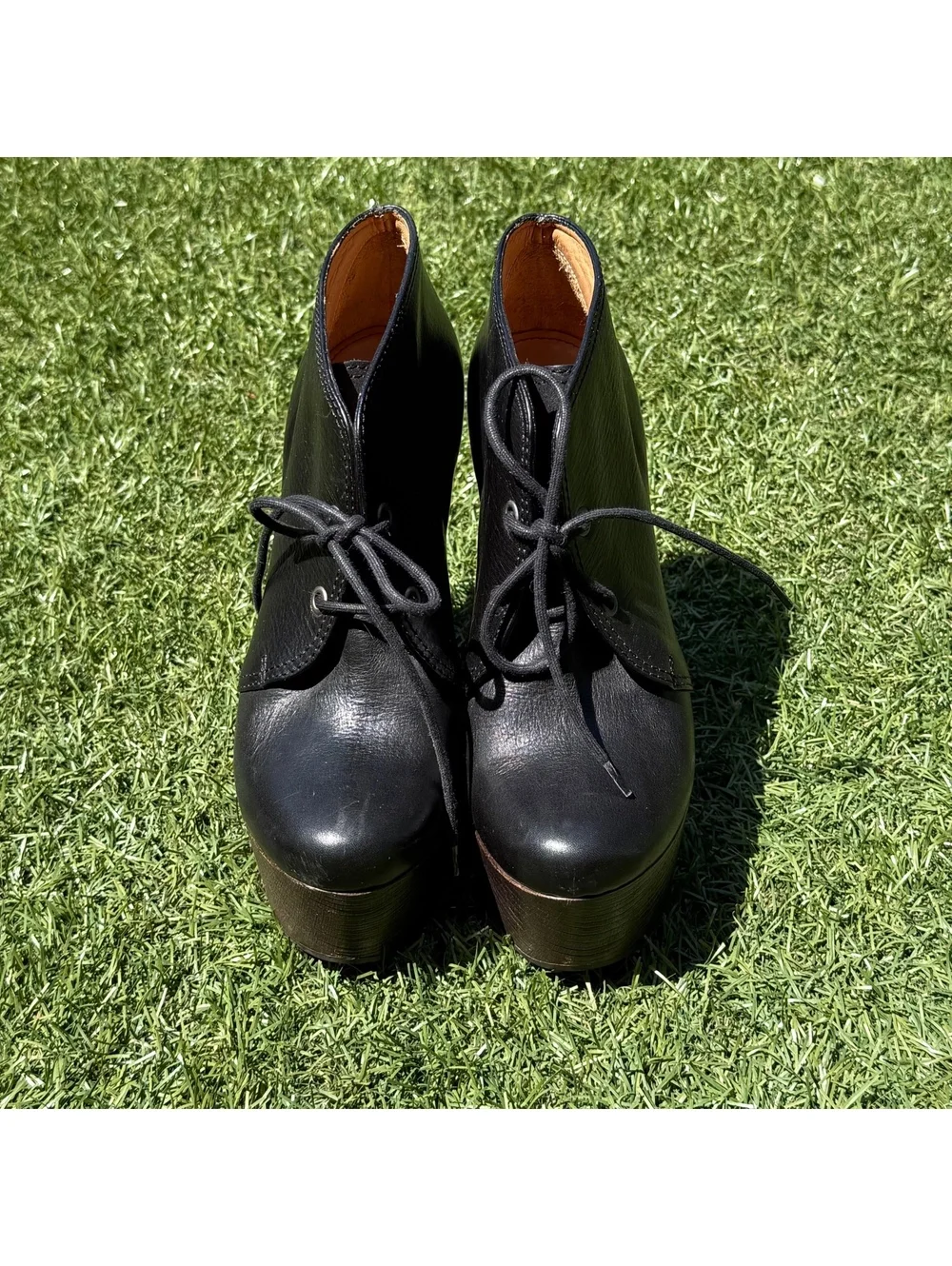 Lanvin black leather lace-up wedge ankle platforms